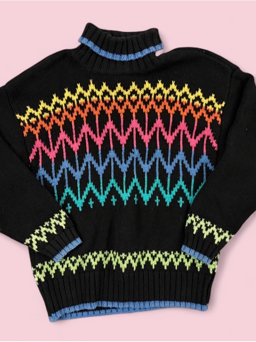 Vintage Lizwear Neon Rainbow Fair Isle Turtleneck Sweater Sz Medium